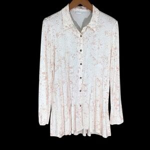 NEW DIRECTIONS Tiered Tunic Shirt L Pink Geometric Print Button Up Long Sleeve